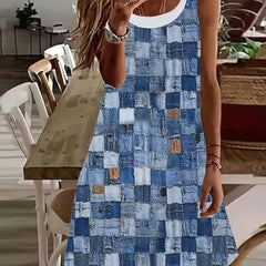 Women's Plus Colorblock Denim Print Round Neck Tank Dress