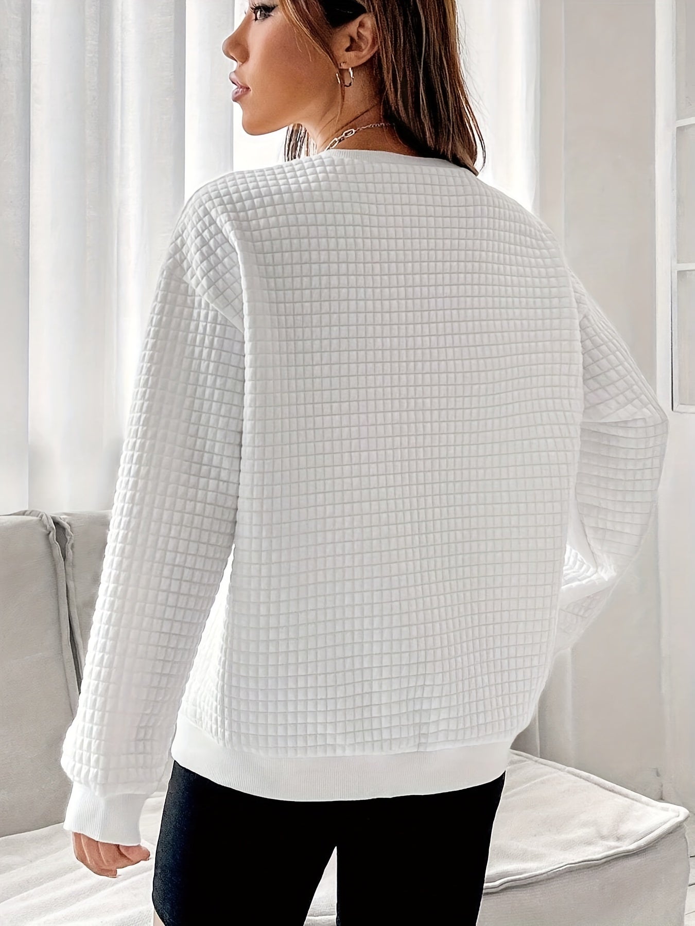 Waffle Grid Crew Neck Sweatshirt for Women