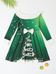 Girls Christmas Tree Print Dress Casual Holiday Gift