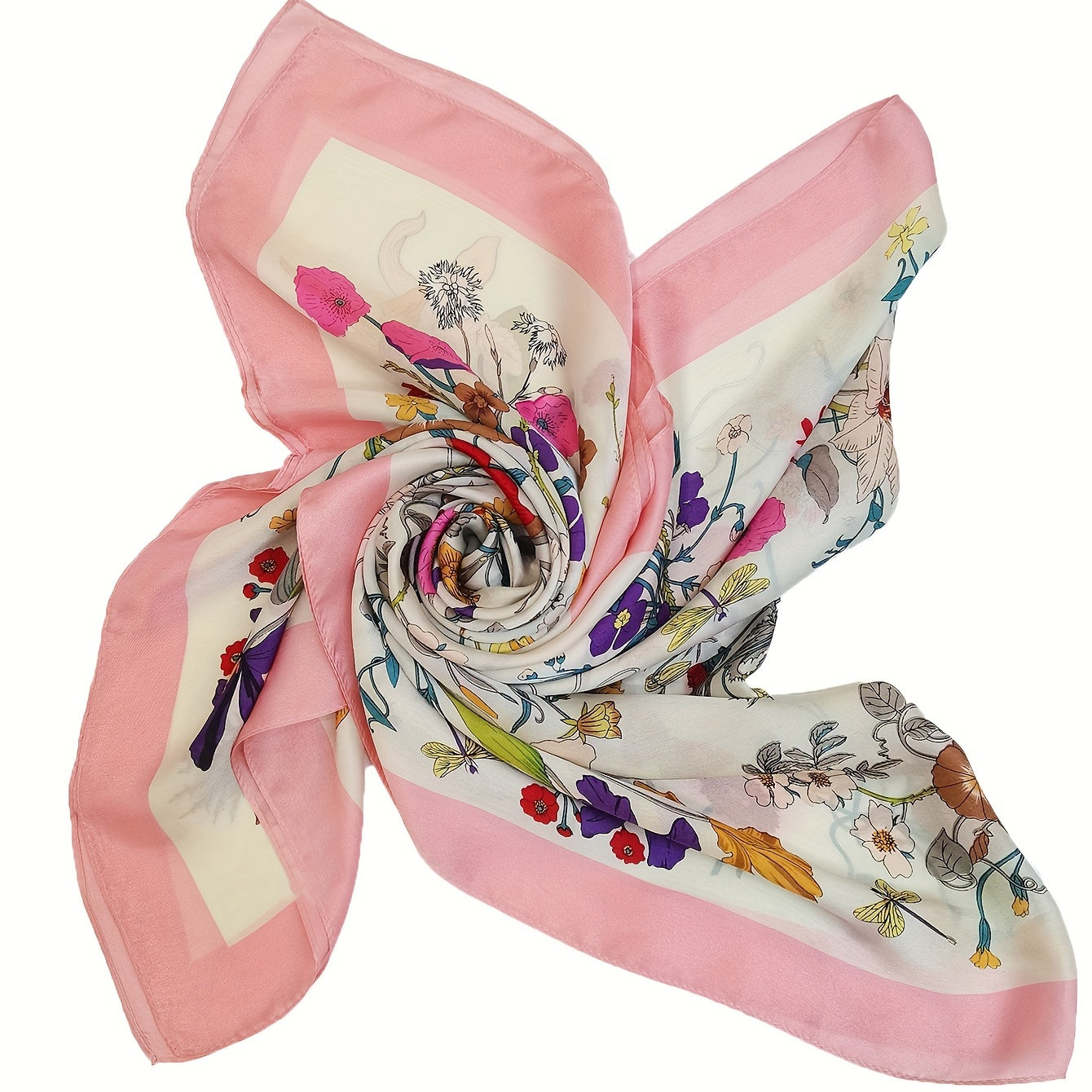 Silk Flower Print Scarf Pink Shawl Windproof Head Wrap