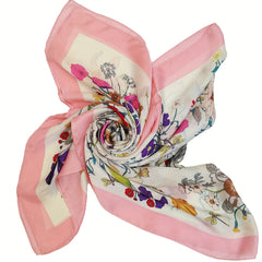 Silk Flower Print Scarf Pink Shawl Windproof Head Wrap