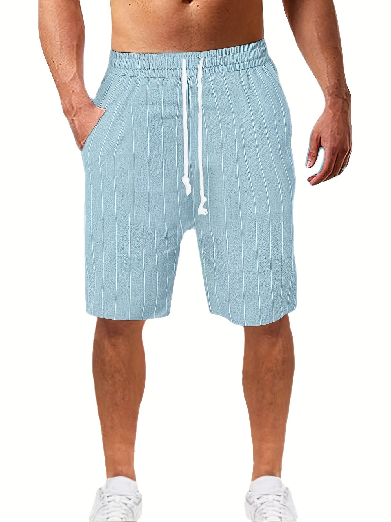 Breathable Striped Flat Front Shorts Men's Casual Waist Drawstring Shorts