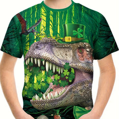 St Patrick's Dino 3D Print Boy's T Shirt Breathable Loose Round Neck