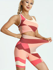 2Pcs Colorblock Sporty Suit Crop Top & Yoga Pant Set Women's Activewear