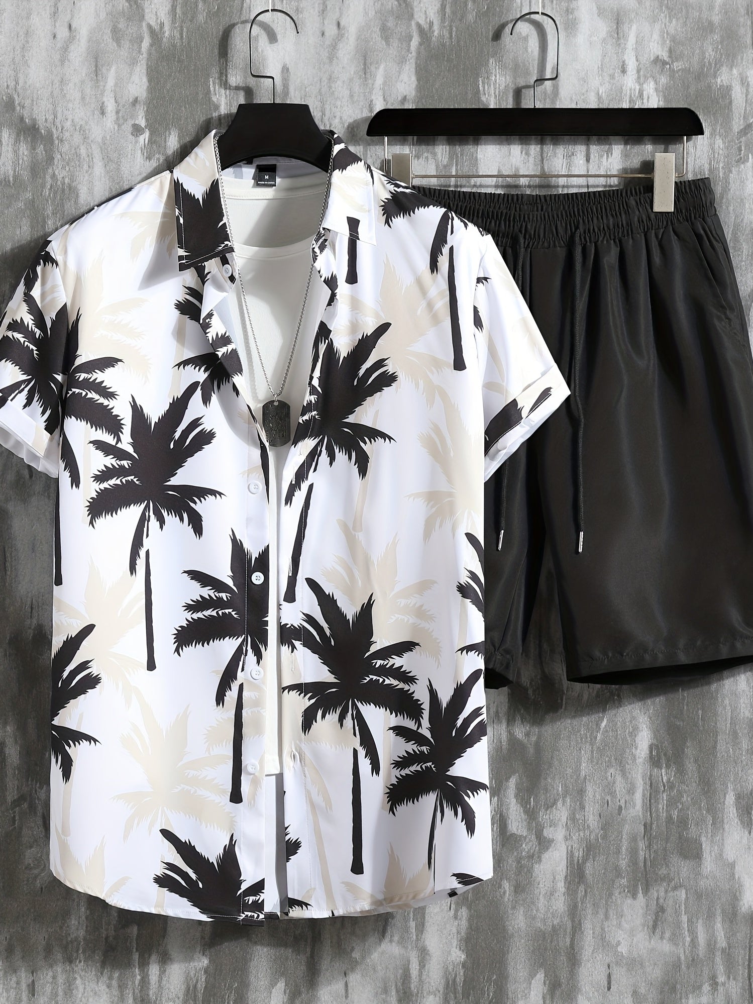 Coconut Tree Print Men's 2Pcs Casual Hawaiian Shirt & Shorts Set