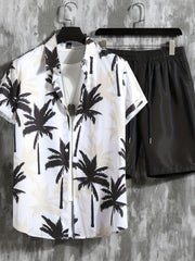 Coconut Tree Print Men's 2Pcs Casual Hawaiian Shirt & Shorts Set