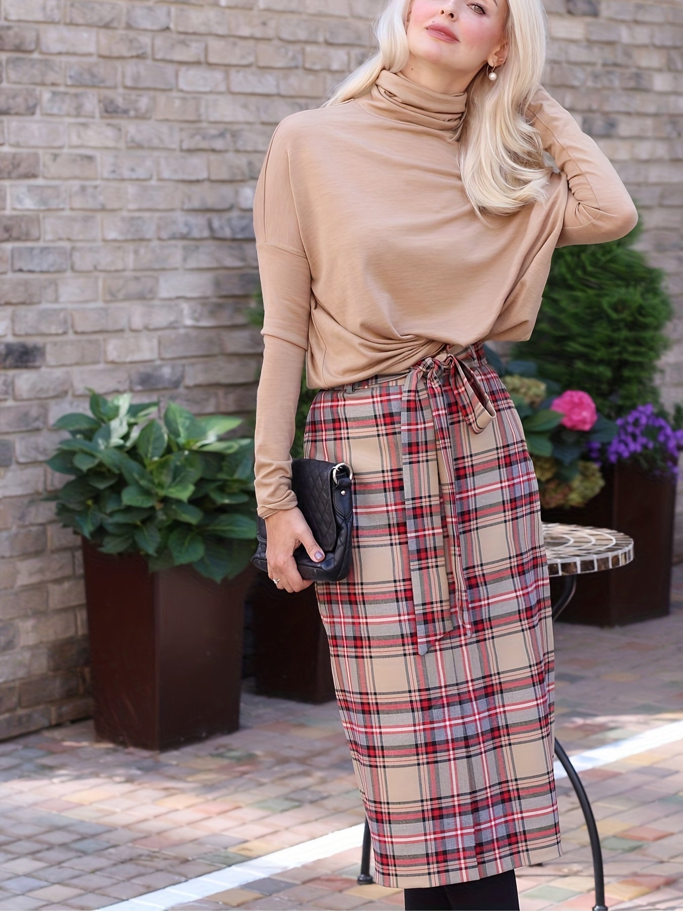 Women's Plus Plaid Print Stretch Slim Fit Midi Skirt With Belt