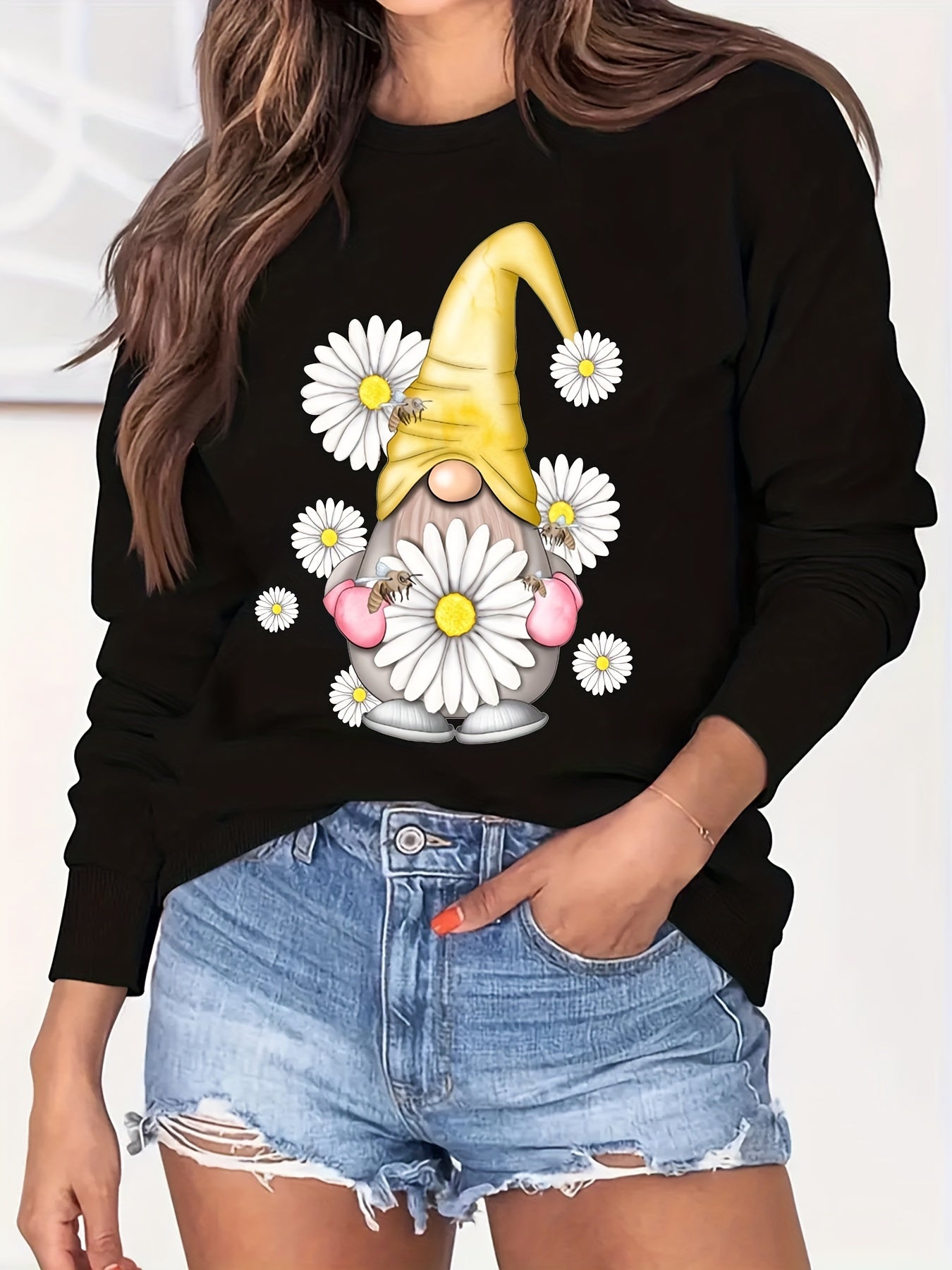 Christmas Daisy Print Crew Neck Sweatshirt