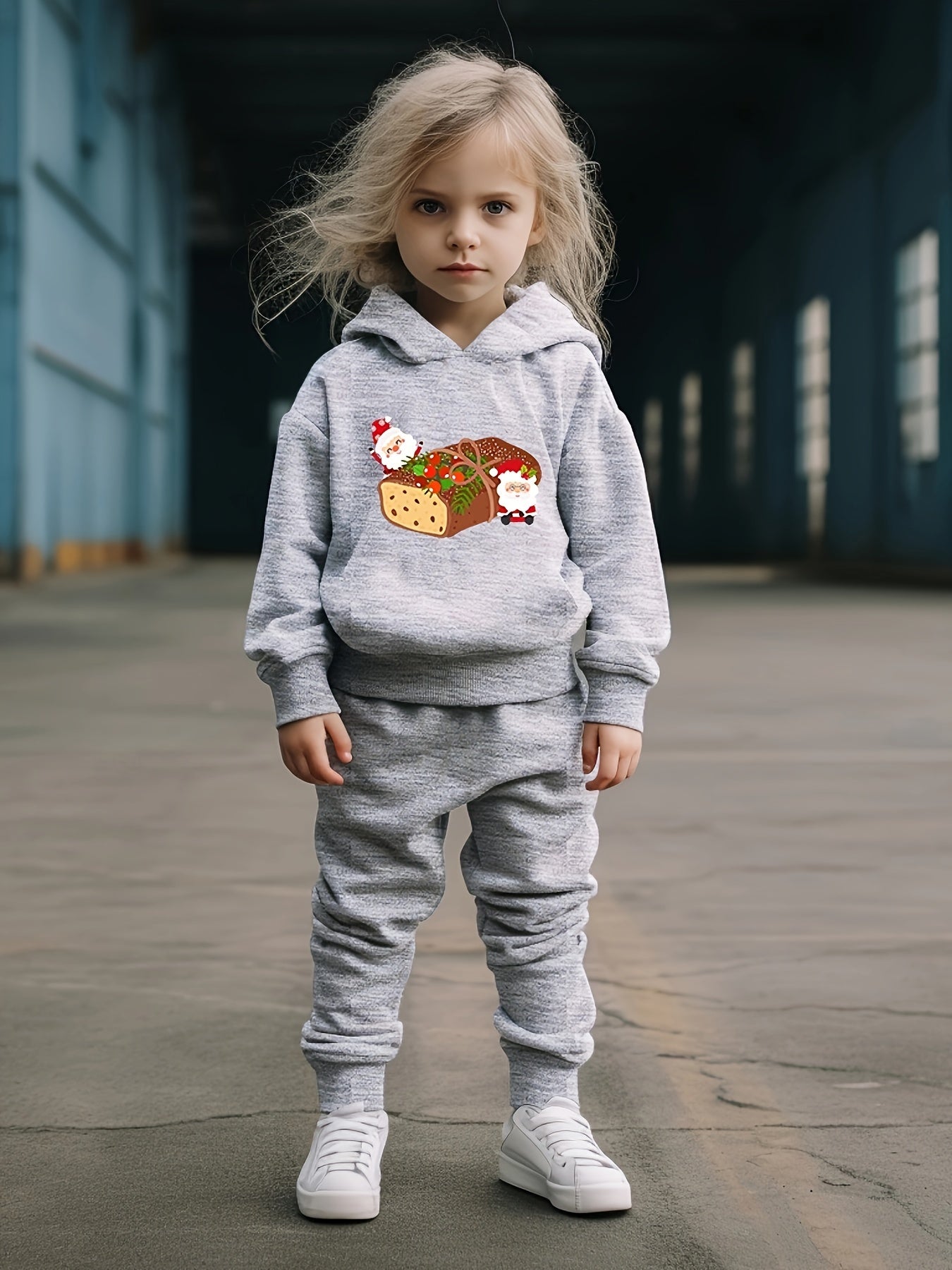 Girls 2pc Bread Pattern Hooded Sweatshirt & Sweatpants Set