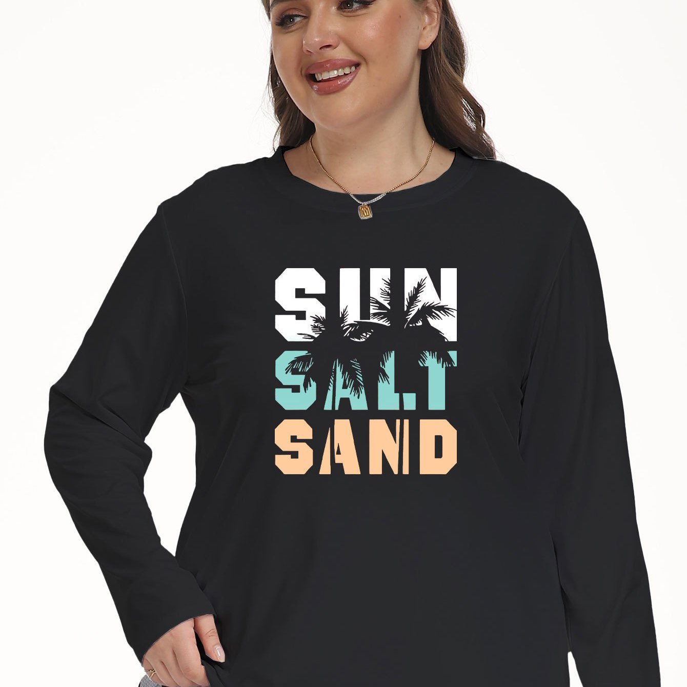 Coconut Tree & Letter Print Plus Size Lounge Top Long Sleeve Crew Neck Tee