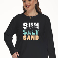 Coconut Tree & Letter Print Plus Size Lounge Top Long Sleeve Crew Neck Tee