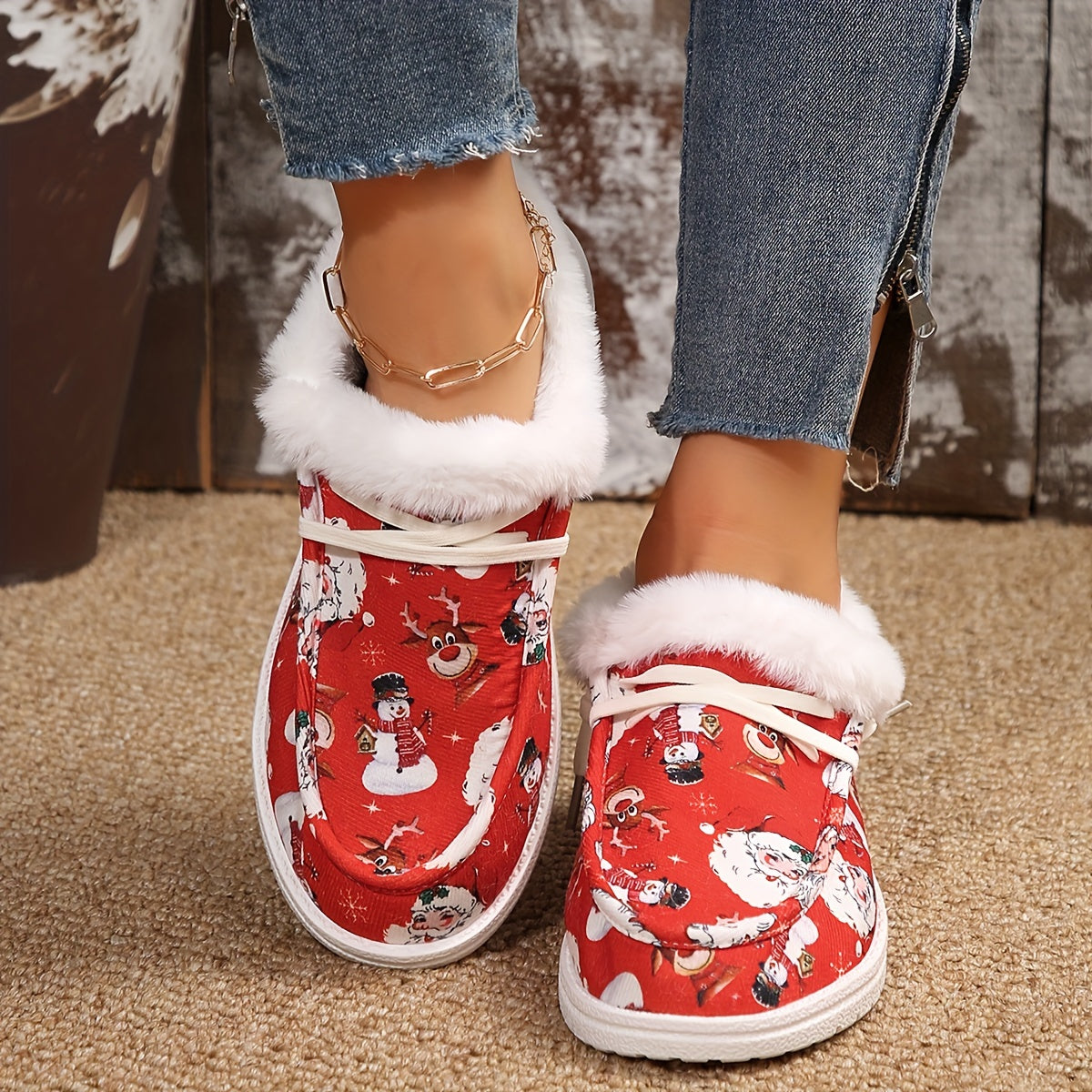 Christmas Snowman & Deer Cartoon Pattern Warm Fluffy Snow Shoes