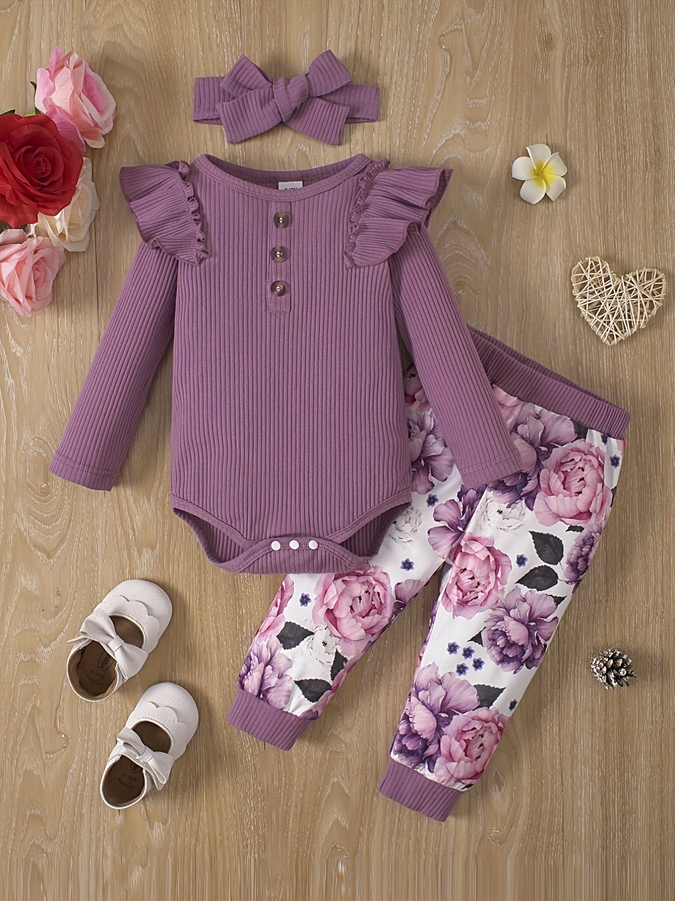 Baby Girl's Triangle Romper Floral Print Trousers Set