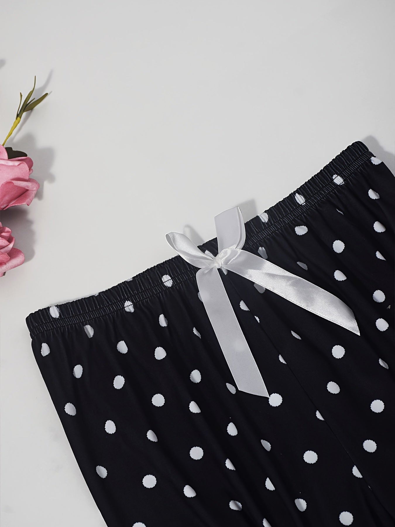 Letter Print Pajama Set Short Sleeve Crew Neck Top & Polka Dot Pants