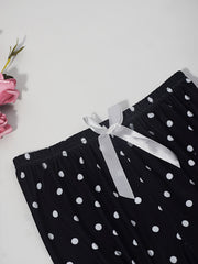 Letter Print Pajama Set Short Sleeve Crew Neck Top & Polka Dot Pants