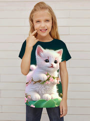 Sweet Flower & Cat Graphic Tee for Girls