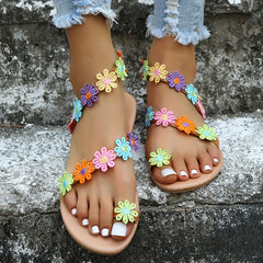 Women's Colorful Flower Flat Sandals Tribal Style Toe Loop Slip On Shoes