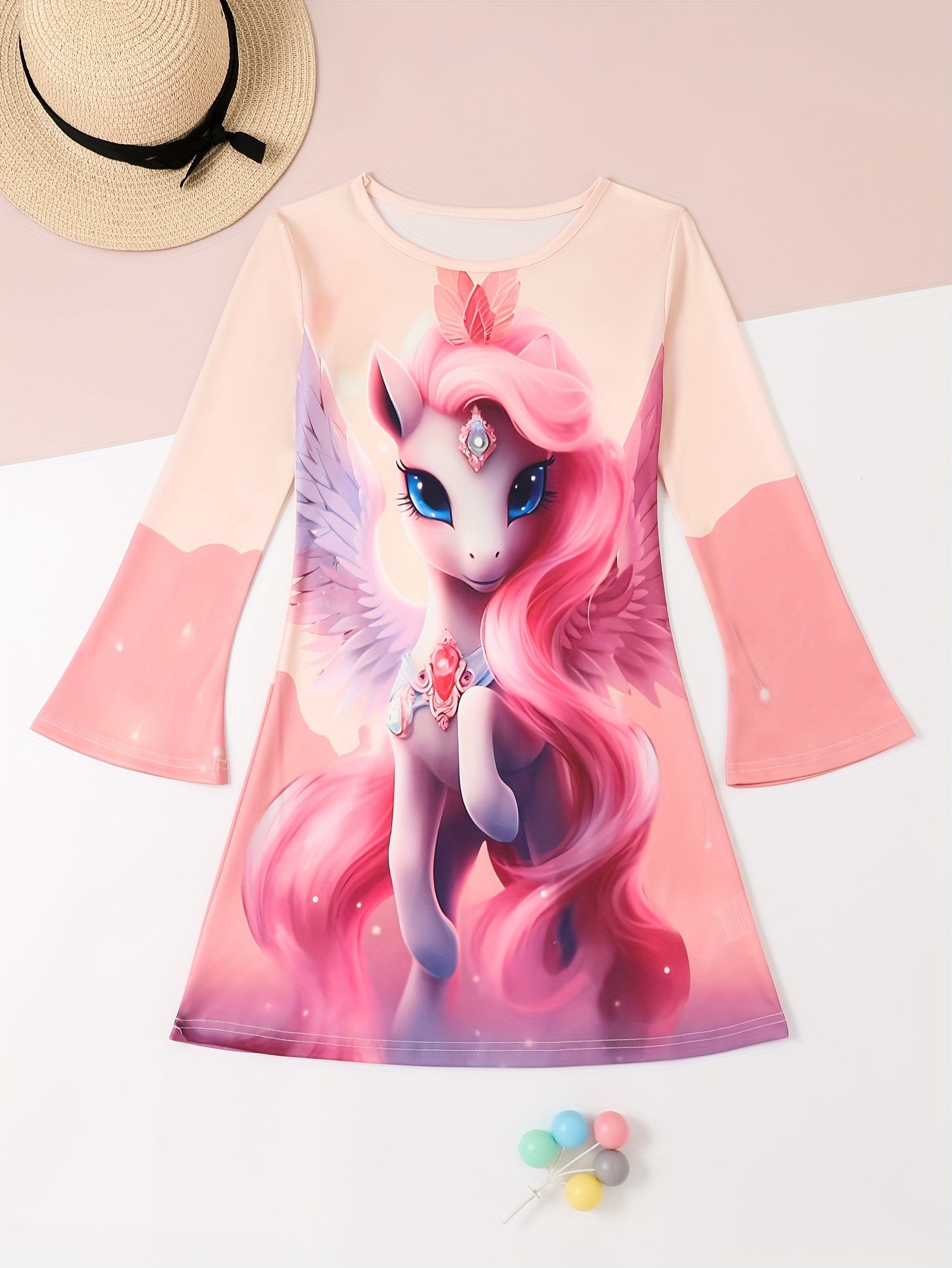 Sequin Print Unicorn Graphic Long Sleeve Dress Girls Dreamy Dresses