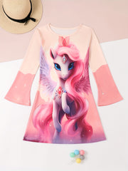 Sequin Print Unicorn Graphic Long Sleeve Dress Girls Dreamy Dresses