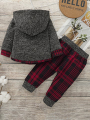 Baby Boys Hooded Sweatshirt & Pants Set with Plaid Print