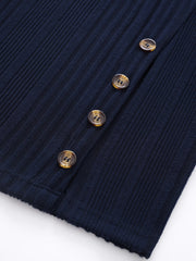Solid Ribbed Button Sweater Round Neck Jumper