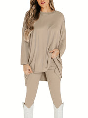 Solid Long Sleeve Top & Leggings Two Piece Set