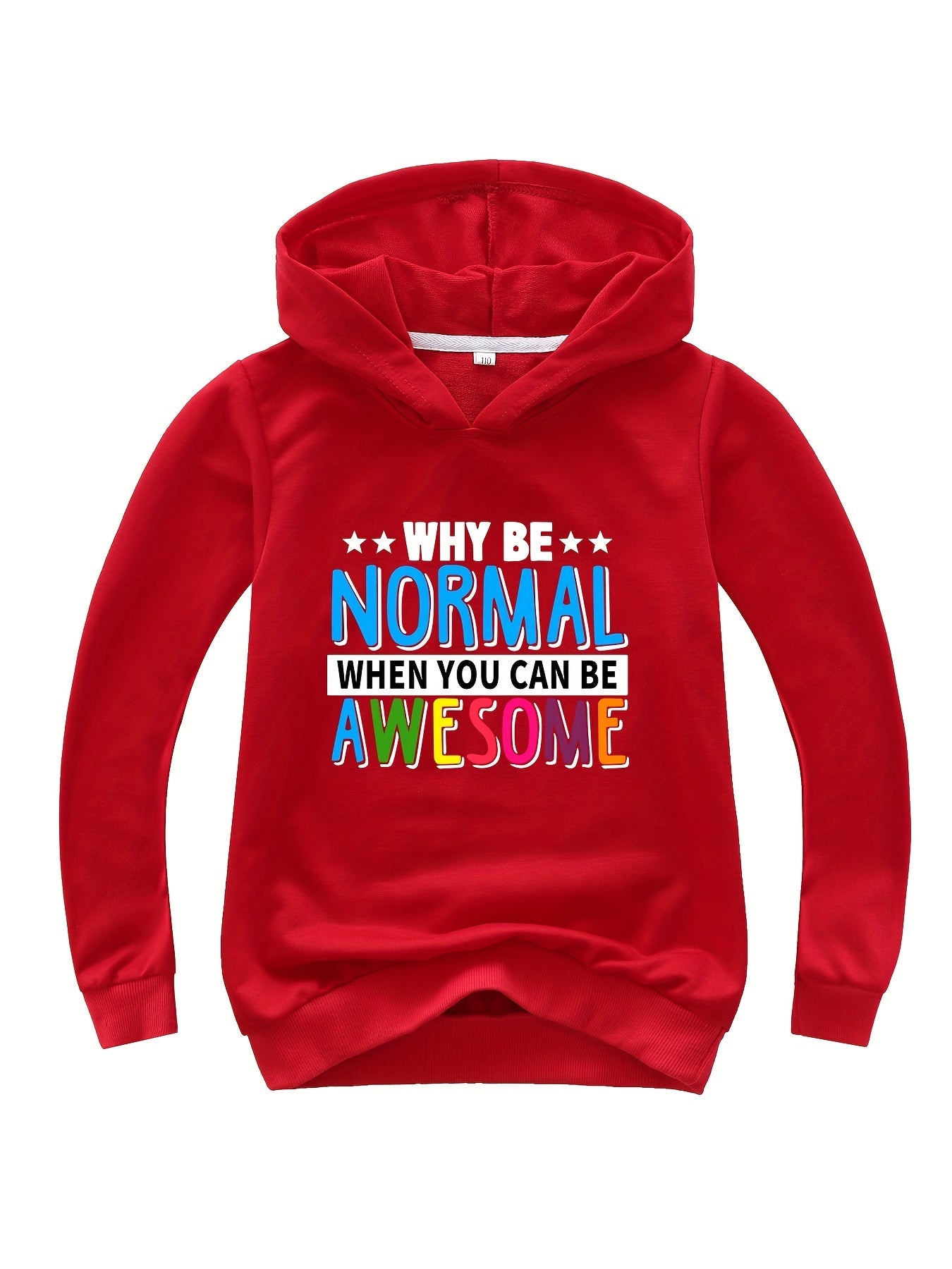 WHY BE NORMAL Letter Print Boys Casual Pullover Hooded Long Sleeve Sweatshirt
