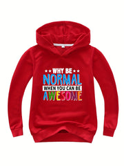WHY BE NORMAL Letter Print Boys Casual Pullover Hooded Long Sleeve Sweatshirt