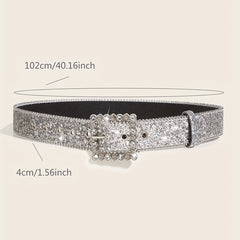 Glitter Sparkle Square Pin Buckle Belt Beaded Jeans Belt for Women