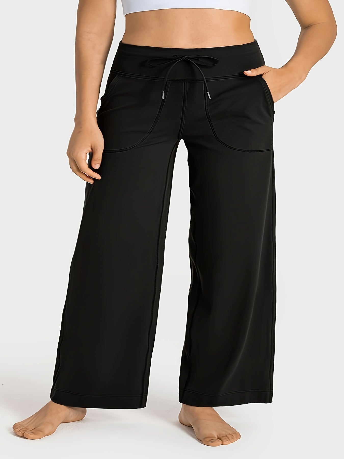 Women's Plus Size Tie Waist Wide Leg Yoga Pants With Pockets
