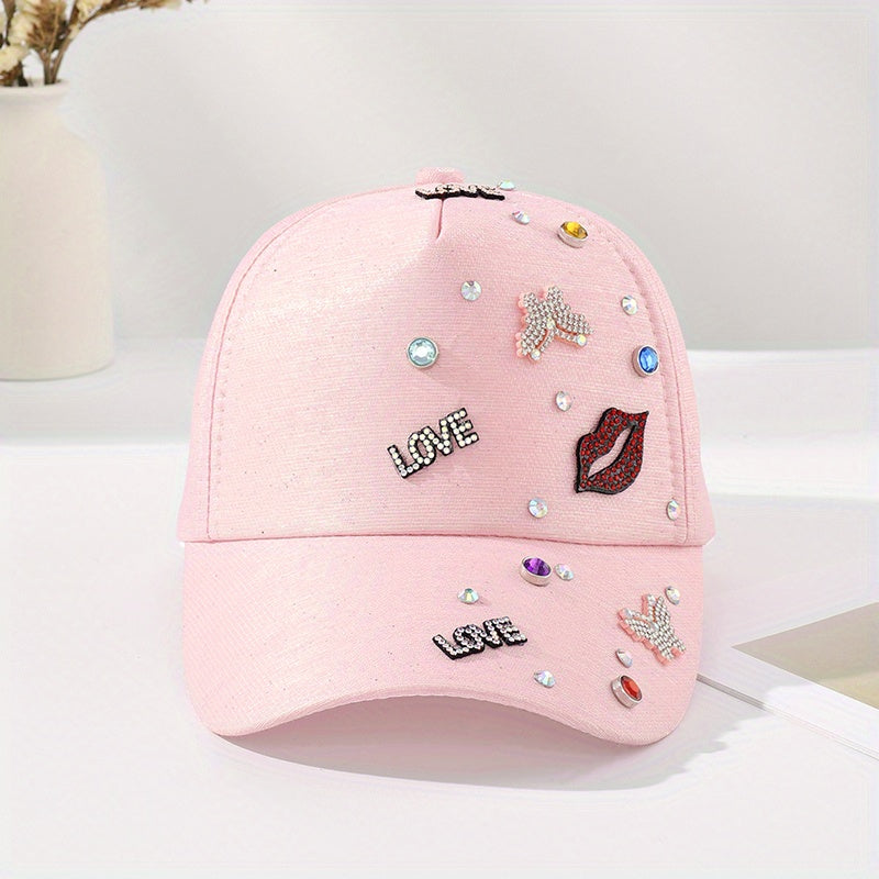 Pink Butterfly Patch Baseball Cap Rhinestone Decor Y2K Dad Hat