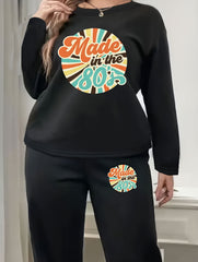 Slogan Print Long Sleeve Fleece Liner Top & Pants Set