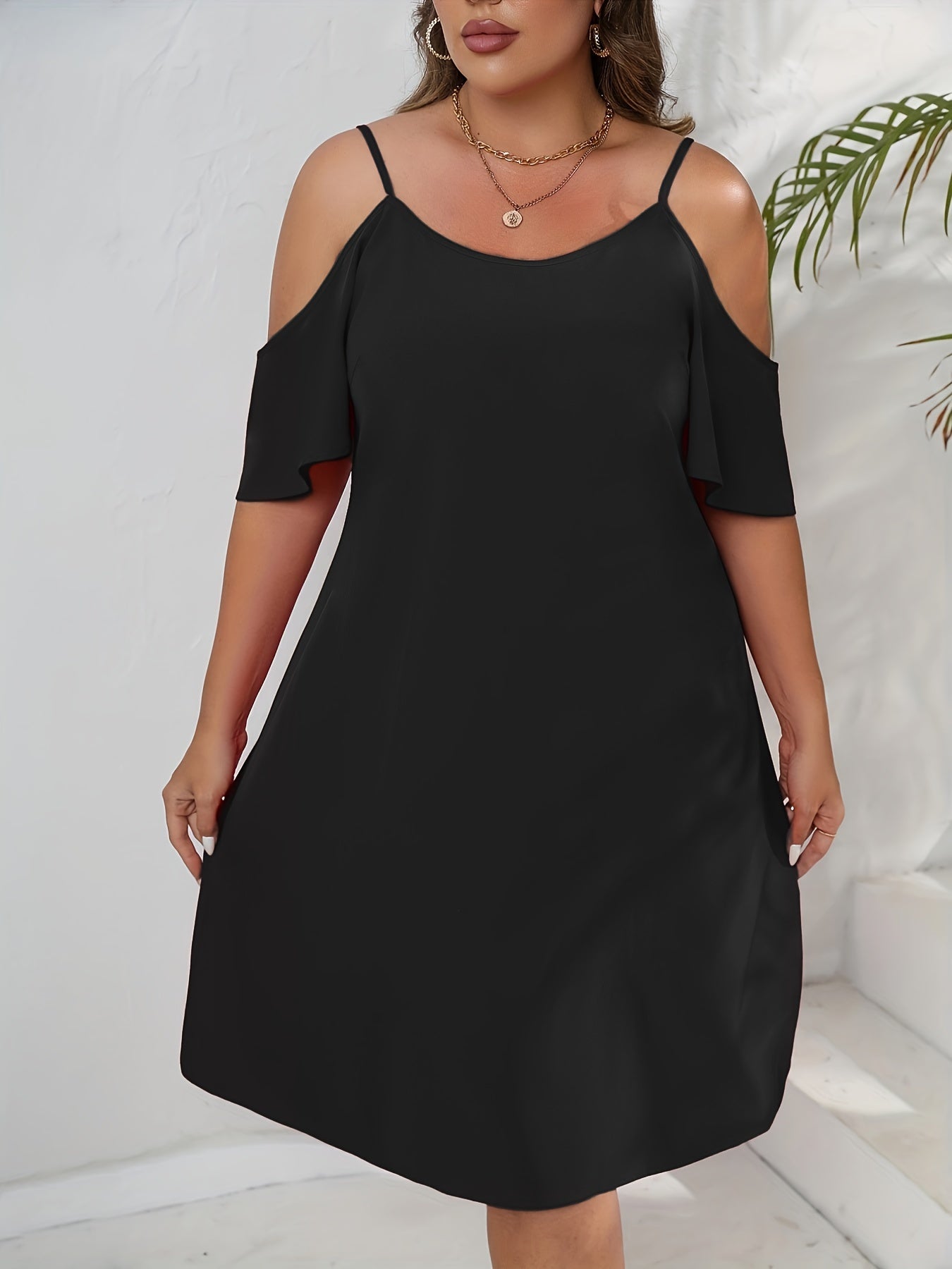 Solid Cold Shoulder Casual Dress Round Neck