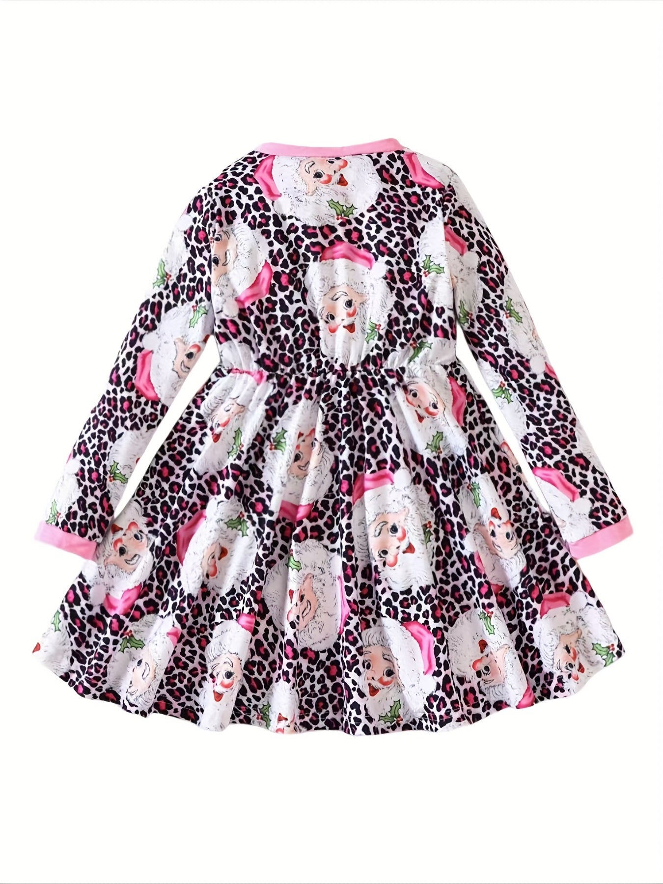 Pink Leopard Santa Dress For Girls Crew Neck Comfortable Fall Winter