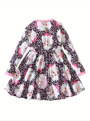 Pink Leopard Santa Dress For Girls Crew Neck Comfortable Fall Winter
