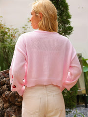 Strawberry Embroidered Crop Cardigan Crew Neck Long Sleeve