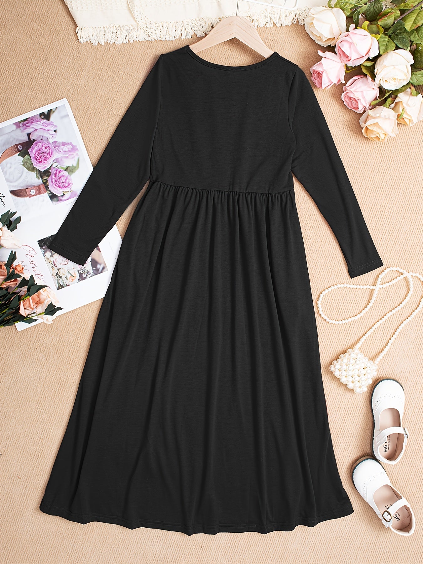 Long Sleeve Pockets Maxi Dress Girls Spring Fall Casual Dress