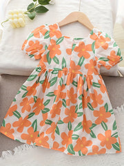 Girls' Cotton Floral Short Sleeve Casual Dress for Party Holiday