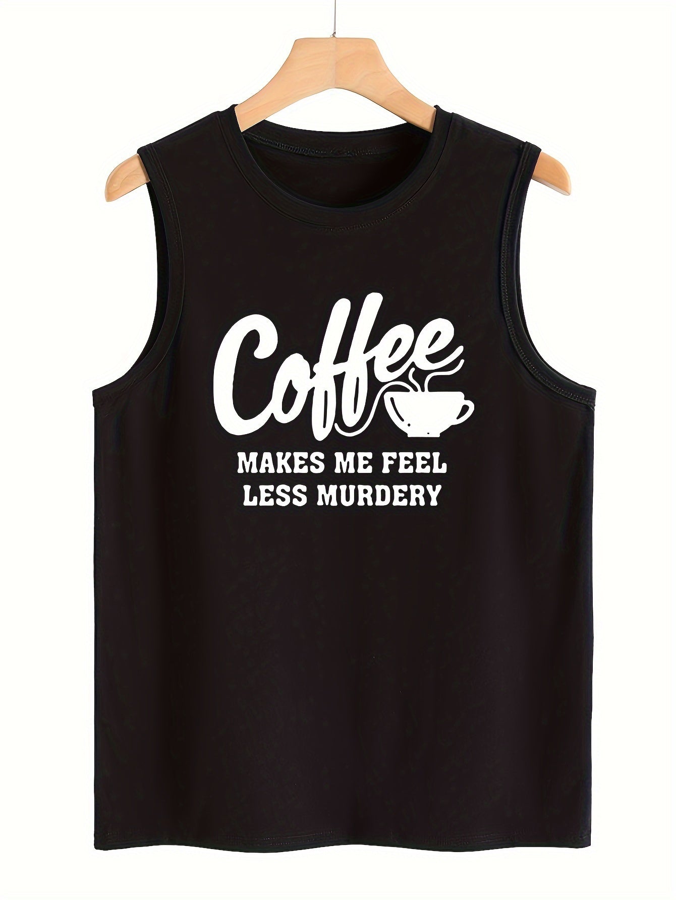 Coffee Print Sleeveless Sports Vest Round Neck Stretchy Casual Tops