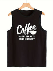 Coffee Print Sleeveless Sports Vest Round Neck Stretchy Casual Tops