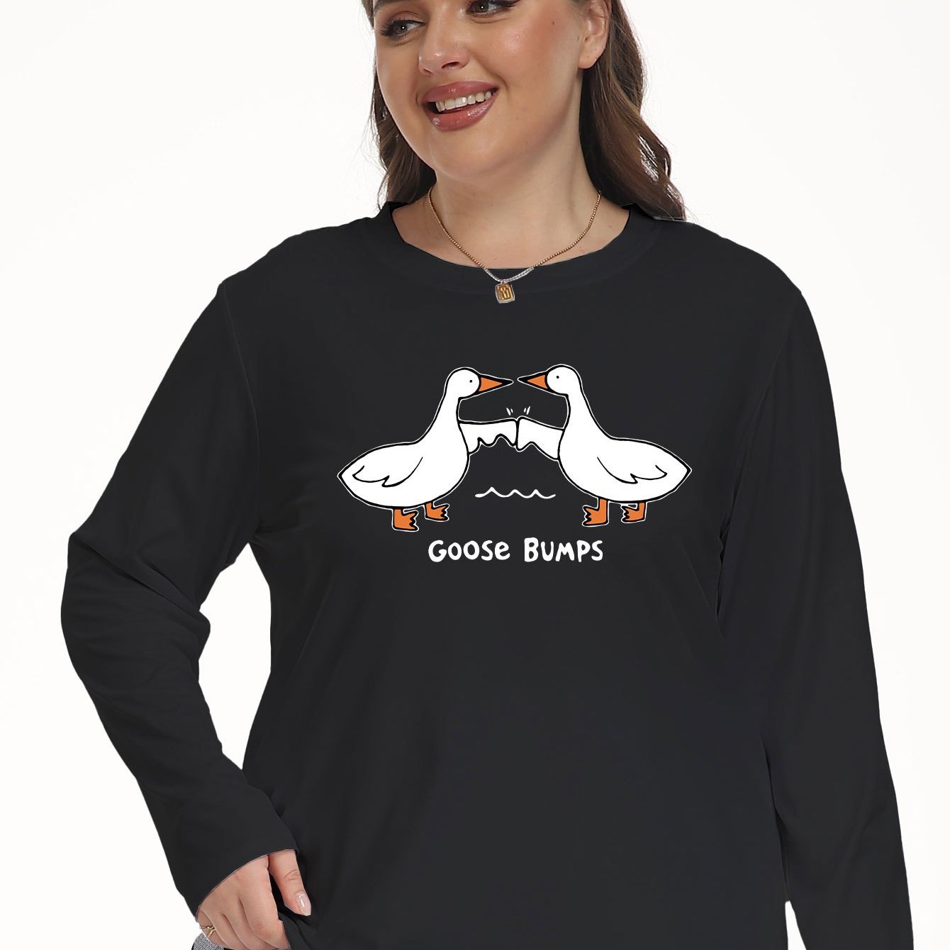 Women's Plus Cartoon Goose Print Lounge Top Long Sleeve Crew Neck Tee