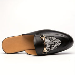 Leopard Embroidered Flat Mules with Metal Buckle, Anti-skid Slides Shoes