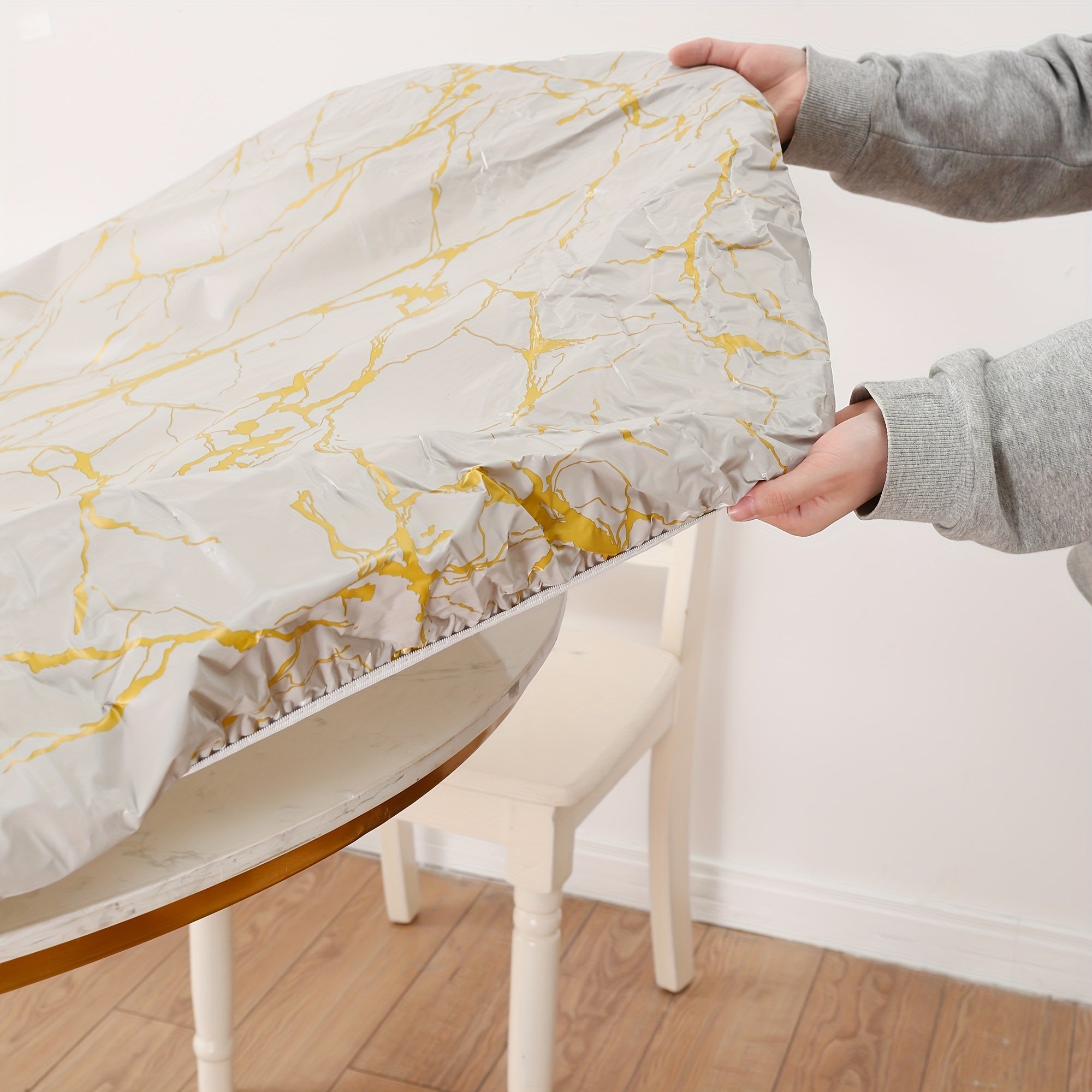 Round Marble Style Elastic Tablecloth Waterproof Proof
