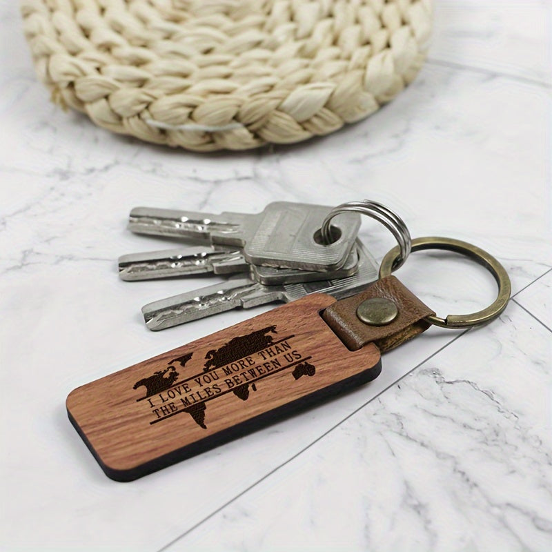 Rosewood Pure Wood Keychain Map Pattern PU Leather Retro Keyring