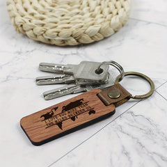 Rosewood Pure Wood Keychain Map Pattern PU Leather Retro Keyring
