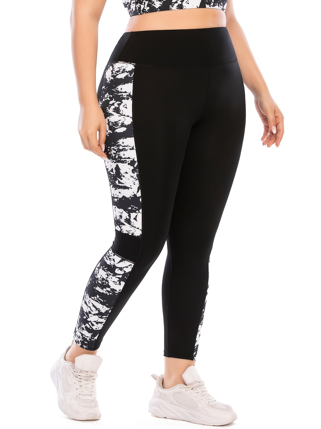 Colorblock Marble Print Yoga Sports Leggings Plus Size