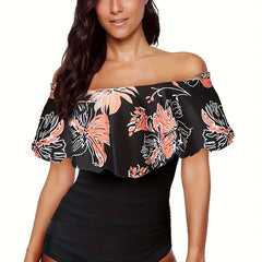 Floral Print Off Shoulder Ruffle Plus Size Swimsuit