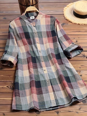 Colorblock Grid Print Button Up Blouse