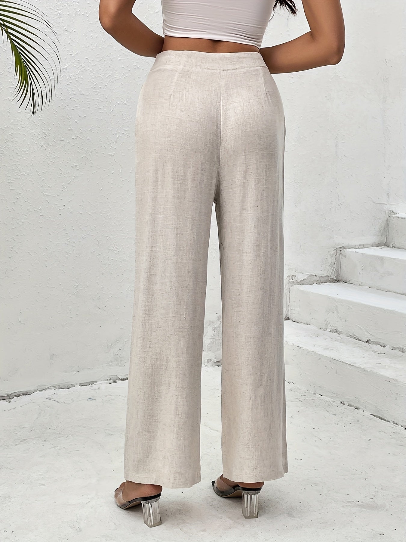 Solid Wide Leg Pants Casual Pocket Pleated Pants Women's Clothing