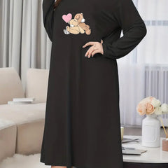 Teddy Bear & Heart Print Nightdress Long Sleeve Round Neck